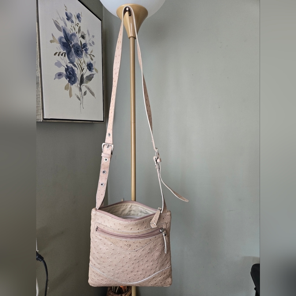 Donald J Pliner Xena Ostrich Embossed Leather Crossbody Bag Tan